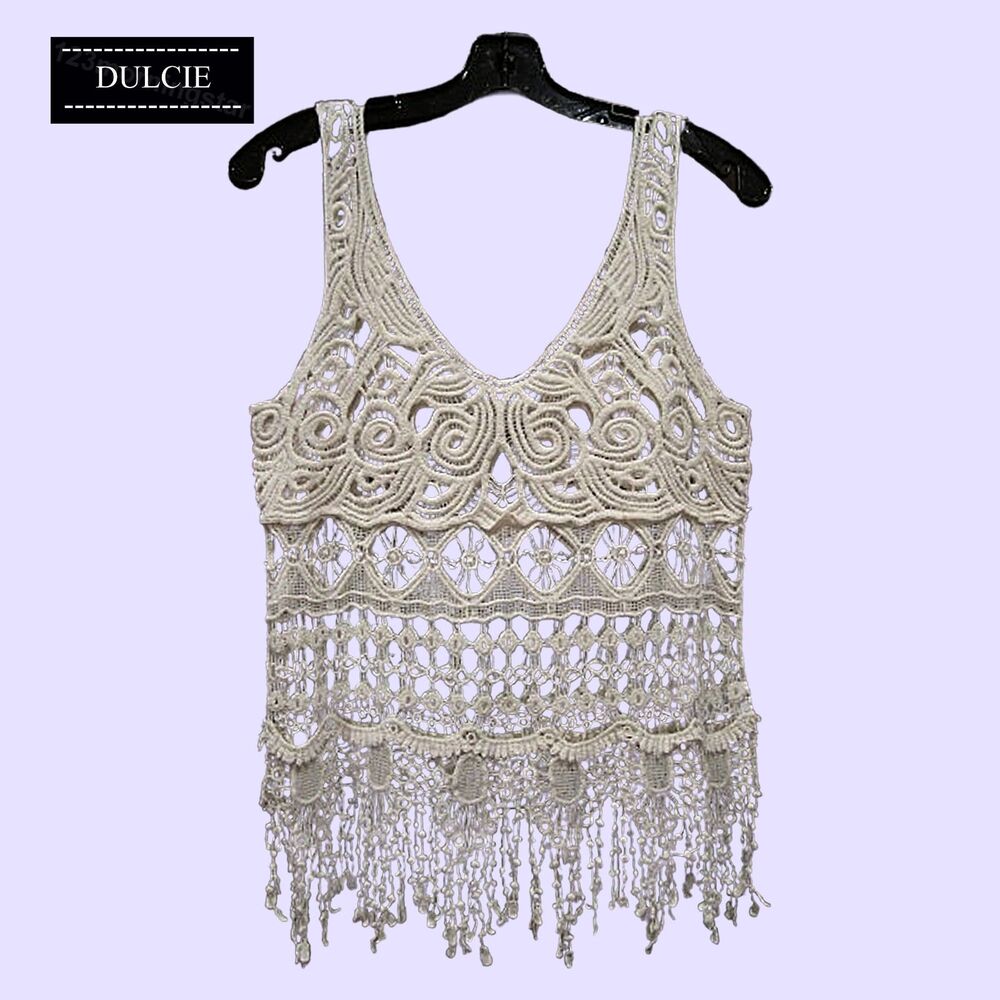 DULCIE NEW Crochet Paisley/Medallion Fringed Hem Overlay Cover-Up Top M
